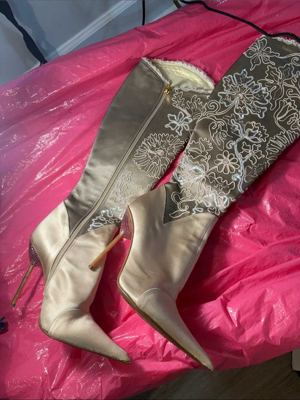 Women's Embroidered Cream Knee-High Stiletto Boots